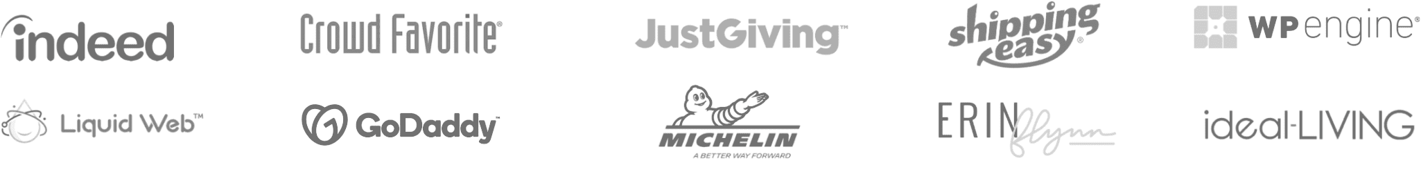 Logos of companies using Beaver Builder, including Indeed, Crowd Favorite, JustGiving, ShippingEasy, WP Engine, Liquid Web, GoDaddy, Michelin, Erin Flynn, and ideal-LIVING.