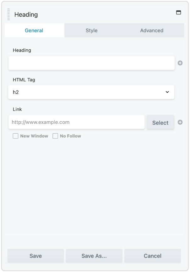 Beaver Builder heading module settings showing general configuration options including HTML tag selection.